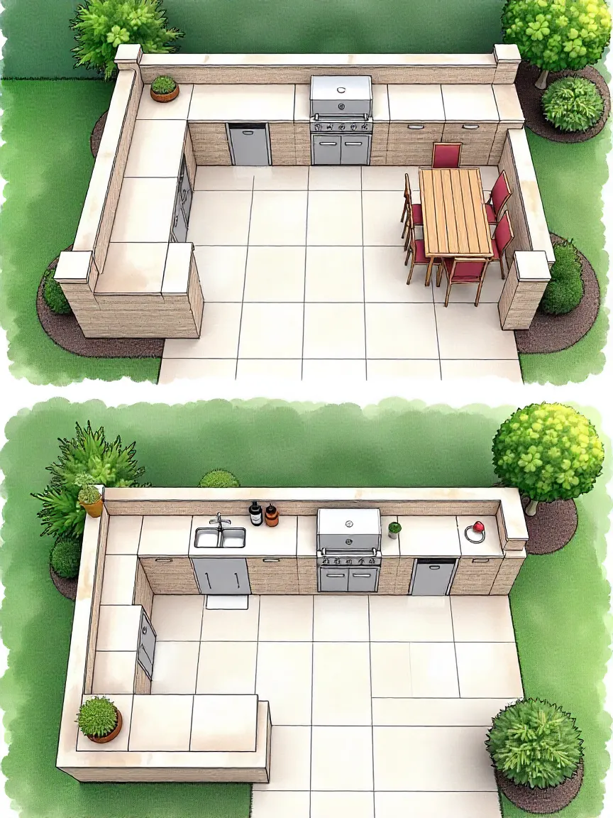 Top-down view of three outdoor kitchen layouts: L-shaped, U-shaped, and island-style, each with labeled cooking and dining zones.