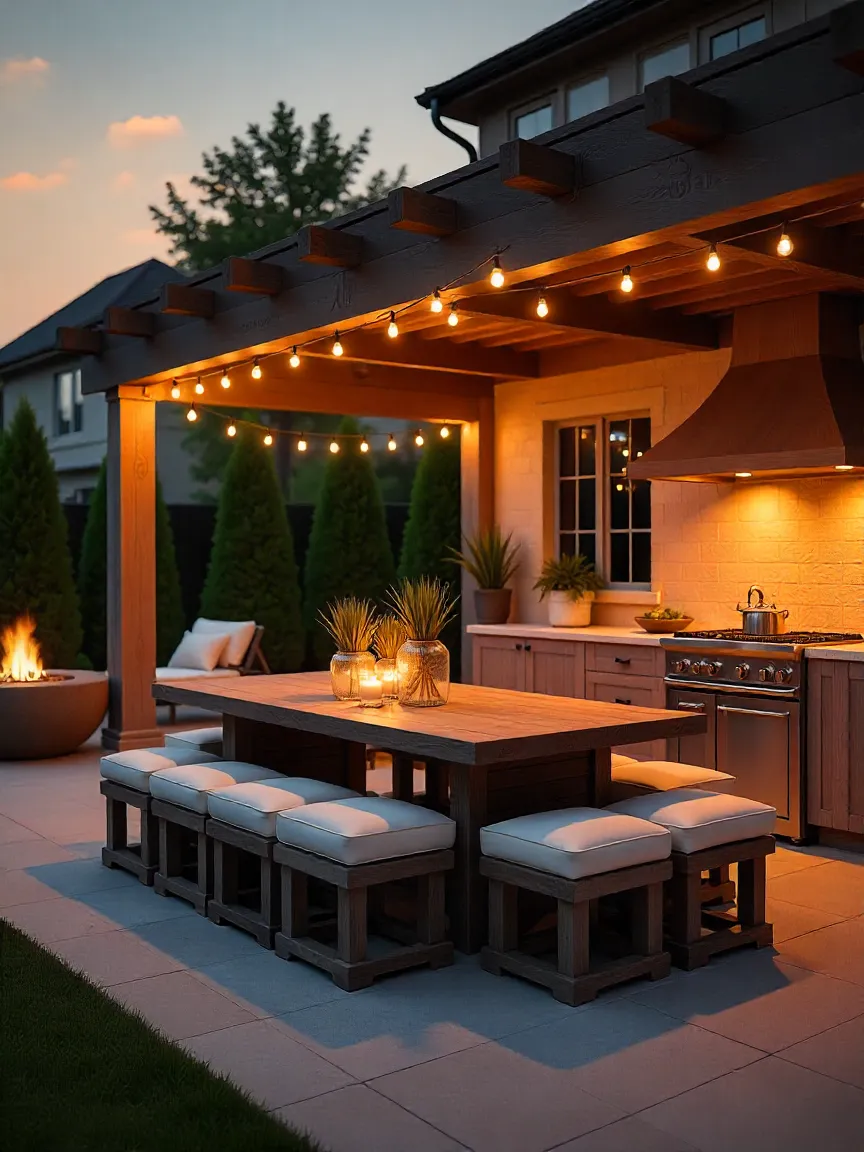 Outdoor kitchen with cushioned dining chairs, bench seating, and a fire pit, creating a cozy social space under string lights.