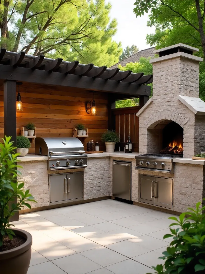 Side-by-side outdoor kitchens: one modern and sleek, the other rustic with wood and stone, showcasing contrasting backyard design styles.