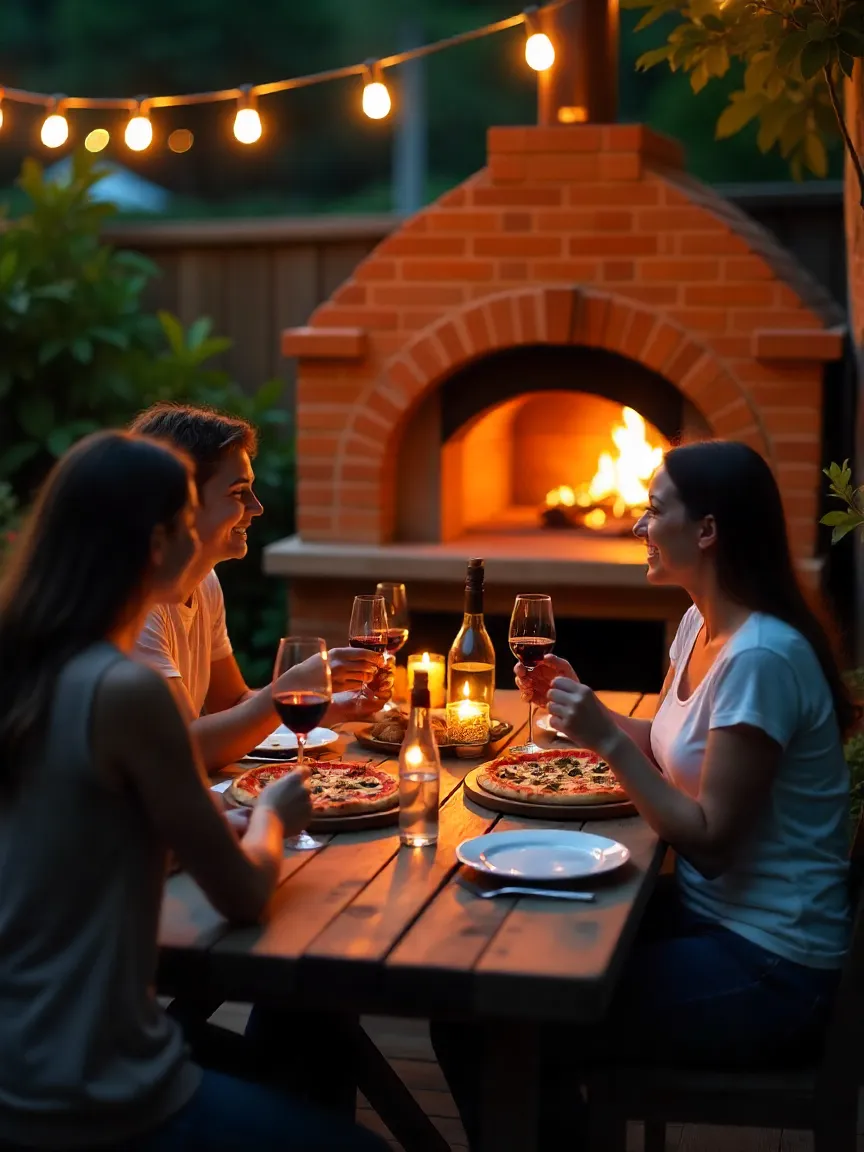Friends and family enjoying pizza from a glowing brick wood-fired oven in a cozy garden setting, symbolizing tradition, taste, and togetherness.