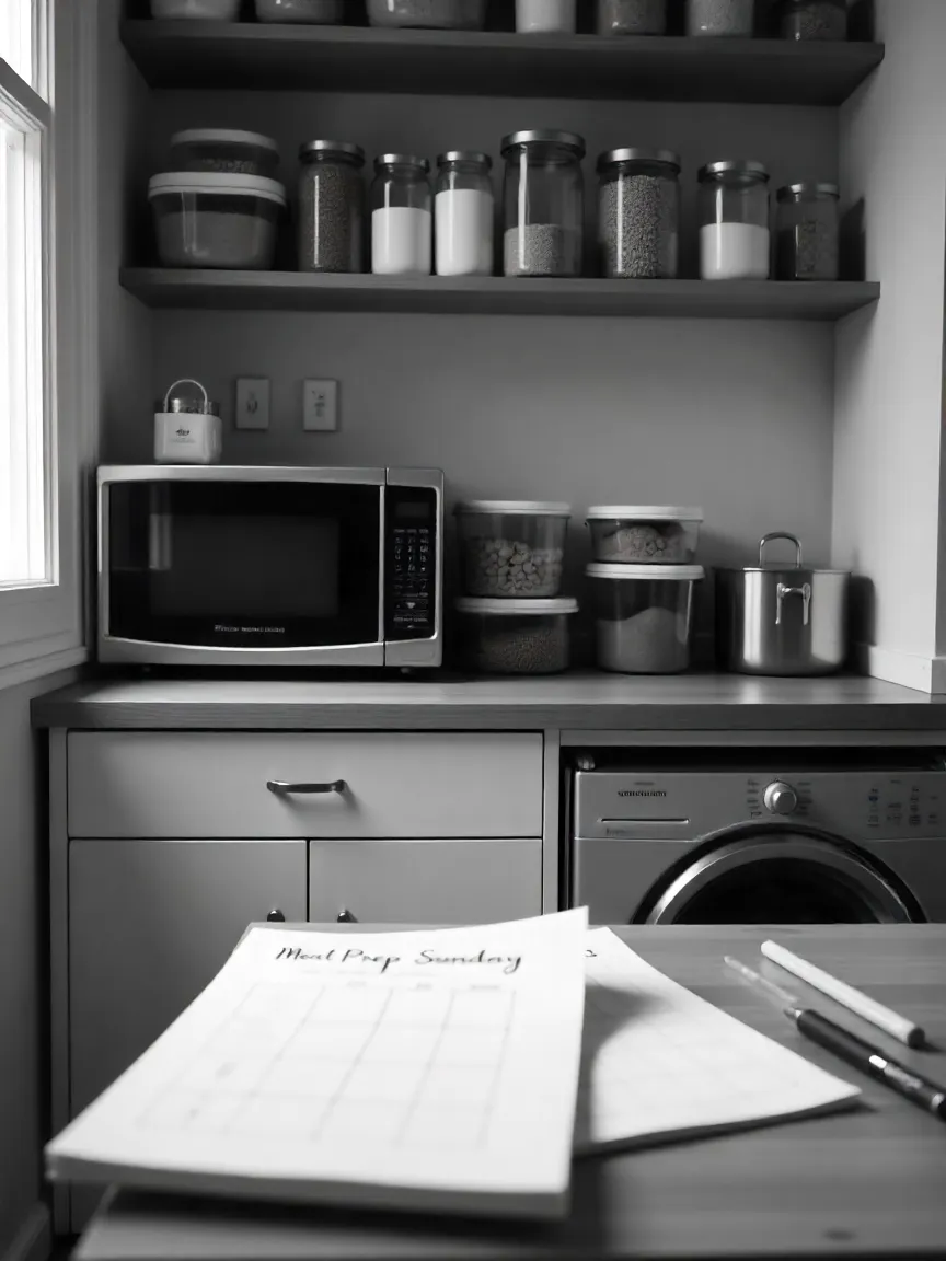 Small artist kitchen with a microwave, organized containers, budget-friendly ingredients, and a planner showing a weekly meal prep routine.
