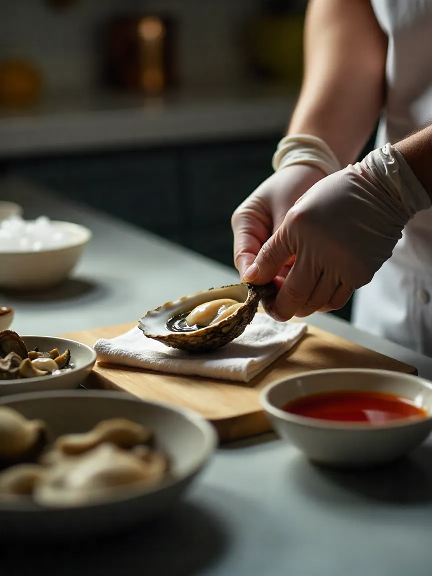 Person shucking oysters with a glove and oyster knife, cleaned shells on a towel, and a bowl of ice ready for serving.