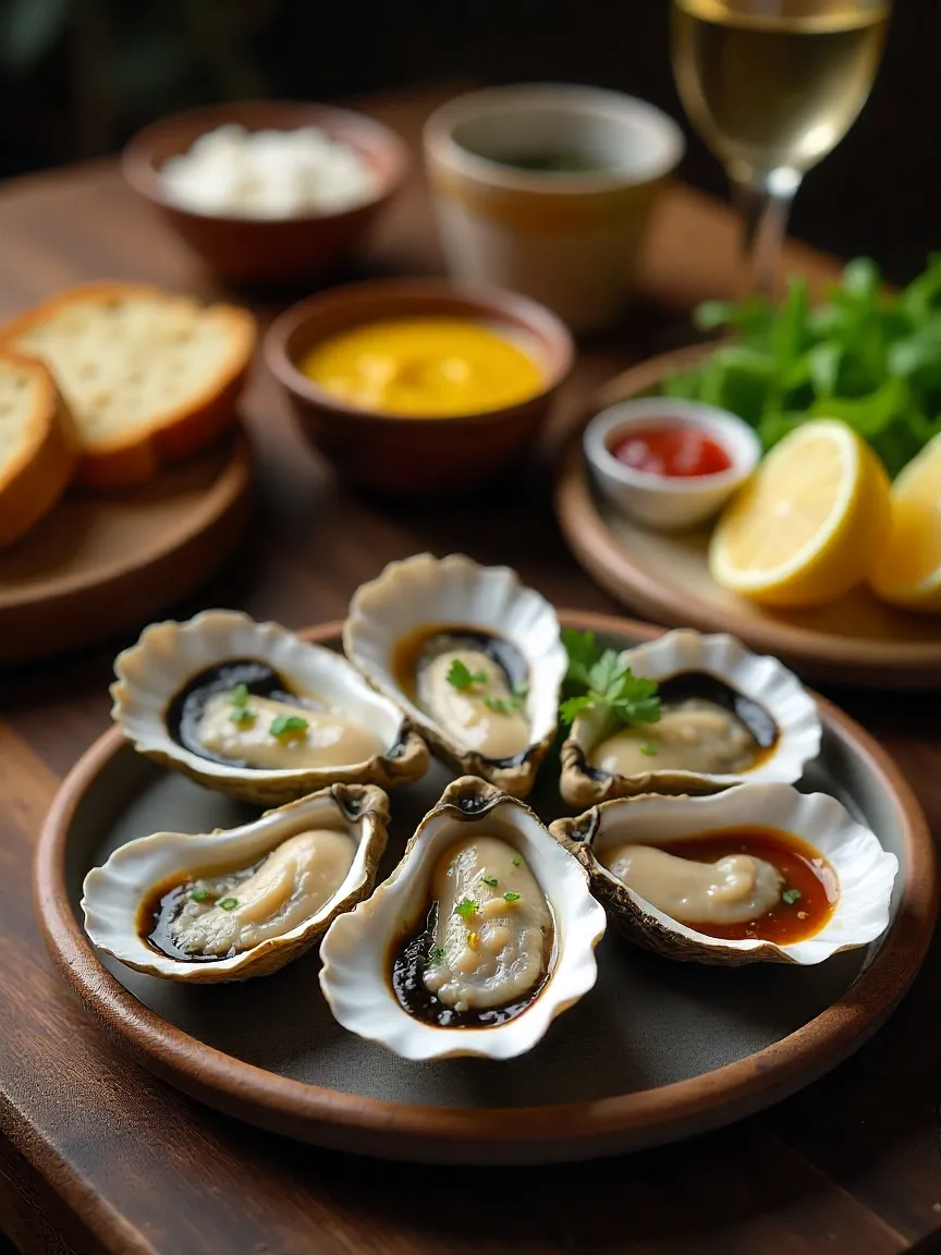 Oysters paired with mignonette sauce, garlic butter, hot sauce, lemon wedges, crackers, and a fresh green salad, served with a glass of white wine.