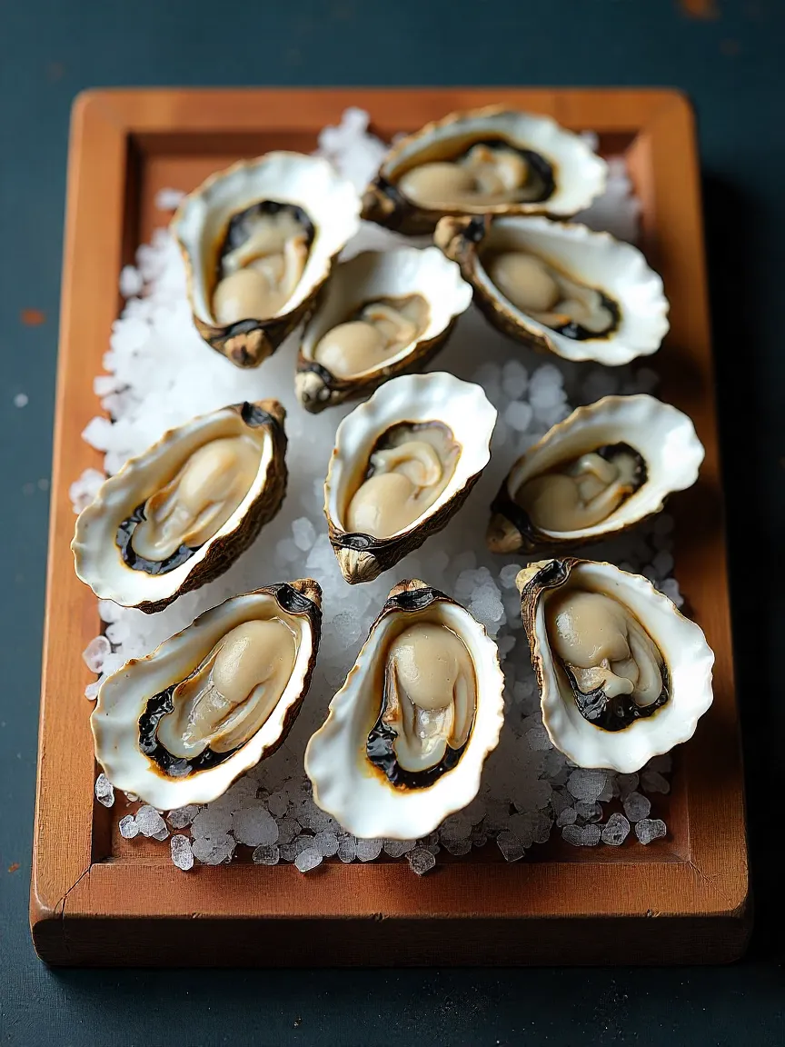 Different oyster varieties displayed on ice with name tags and an example of proper storage using a damp cloth over oysters in a tray.