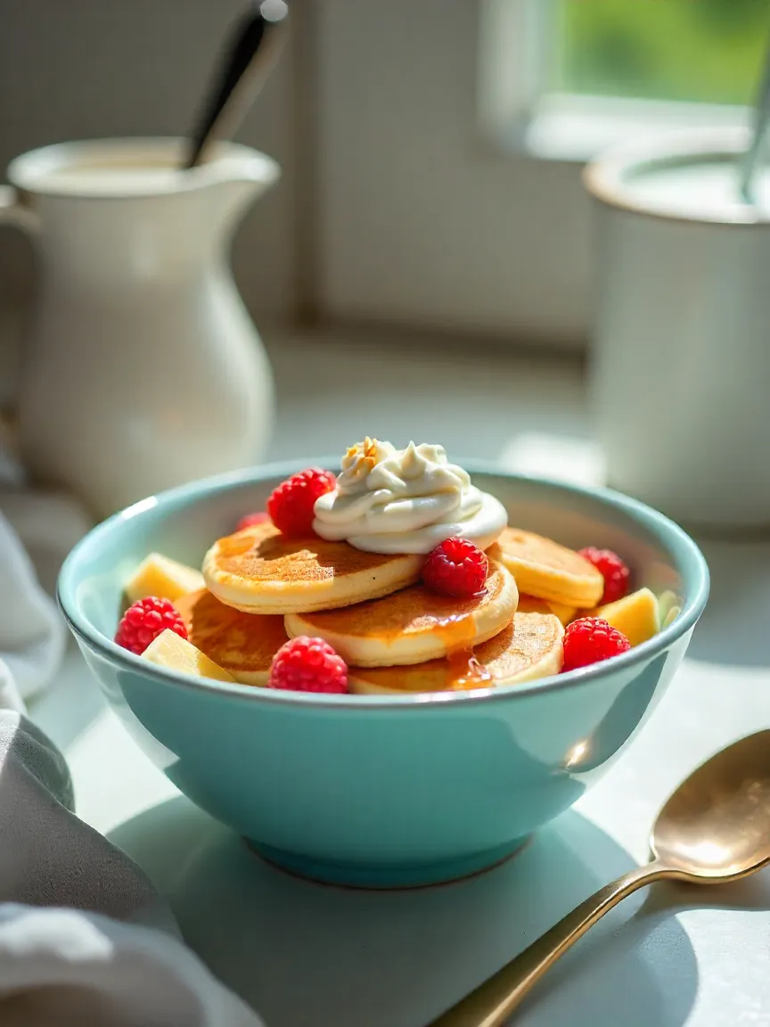 Bowl of pancake cereal with maple syrup, fresh berries, and whipped cream, styled in a bright, cozy breakfast setting.