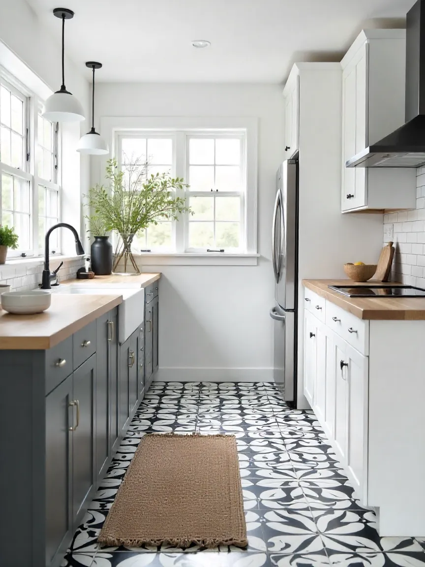 Modern kitchen with bold patterned floor tiles in black and white, paired with white cabinets and a butcher block island for a stylish look.