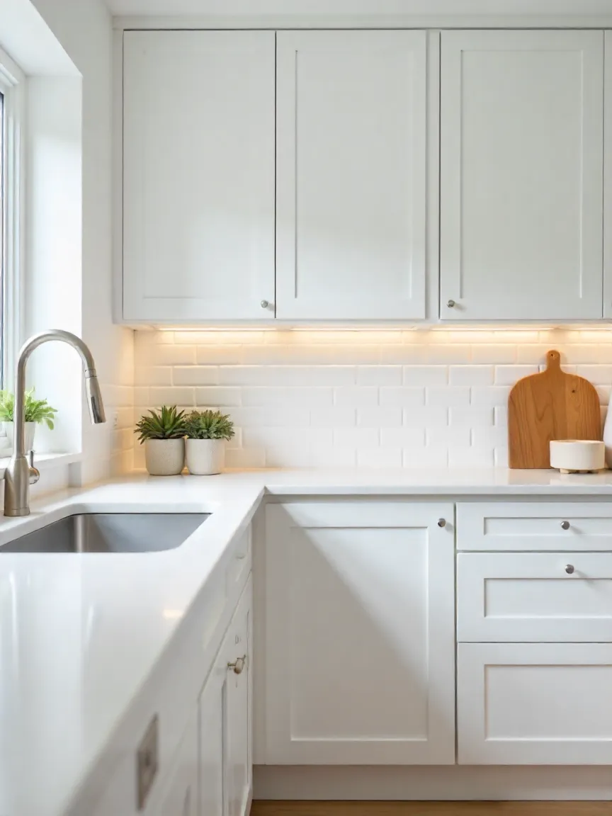 Modern kitchen with peel-and-stick subway tile backsplash, bright countertops, and LED lighting for an affordable and stylish DIY upgrade.