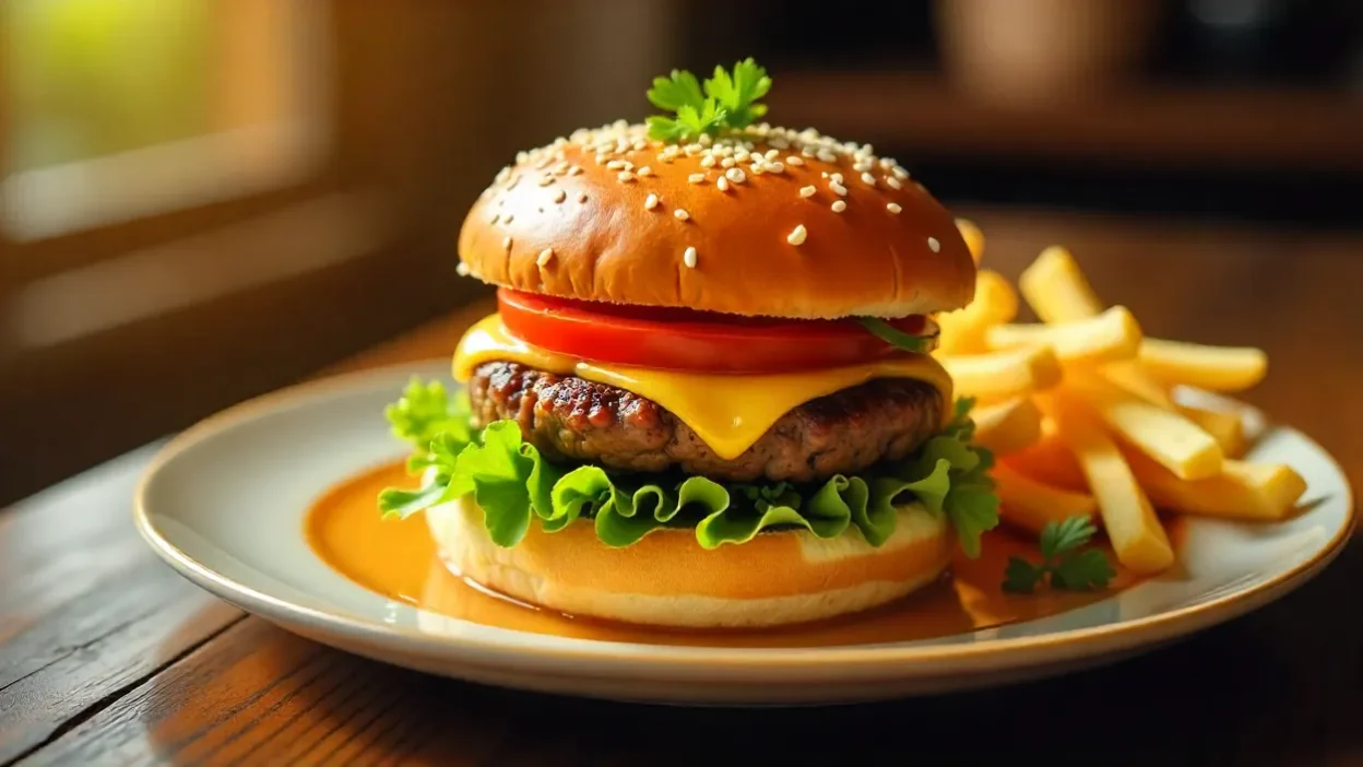 Perfectly plated homemade burger with fresh toppings, crispy fries, and mini corn on the cob