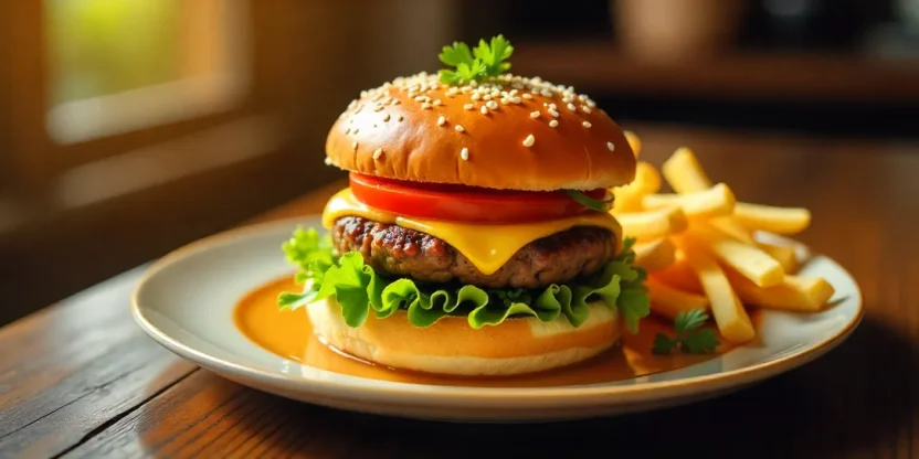 Perfectly plated homemade burger with fresh toppings, crispy fries, and mini corn on the cob