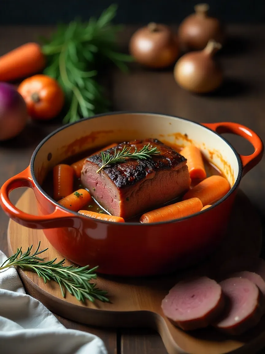 Delicious pot roast in a Dutch oven with carrots, onions, and fresh herbs, ready to serve with gravy on a rustic wooden counter.