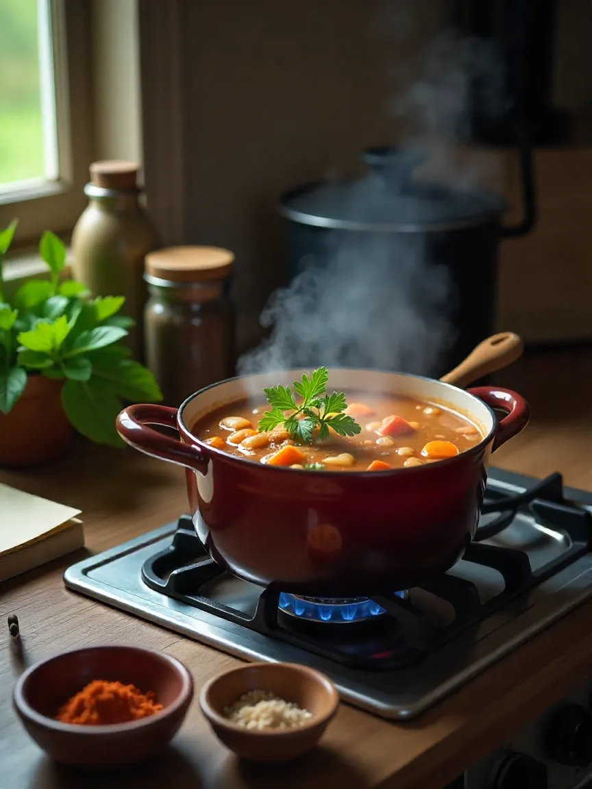 A simmering pot of soup with herbs, spices, and cooking essentials on a rustic kitchen counter, showing tips for flavor and texture perfection.