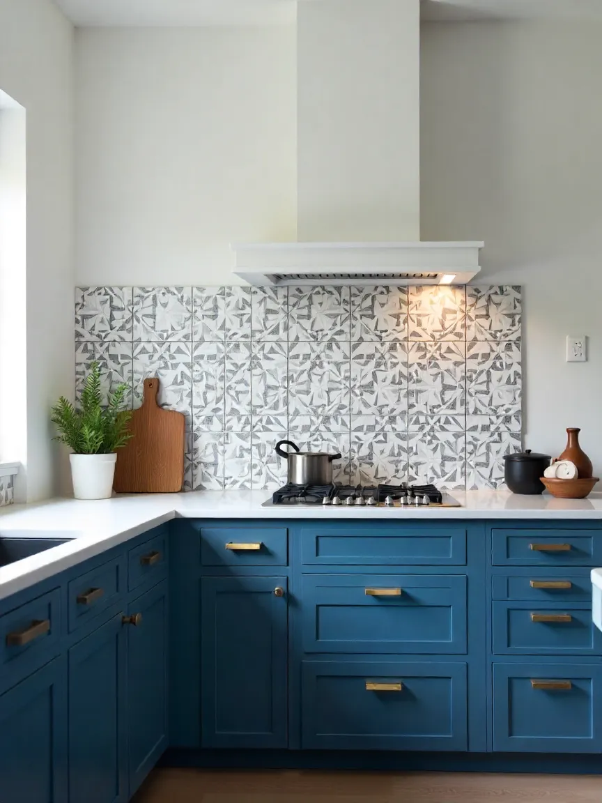 Modern kitchen with custom backsplash and unique black and brass hardware for a personalized touch.