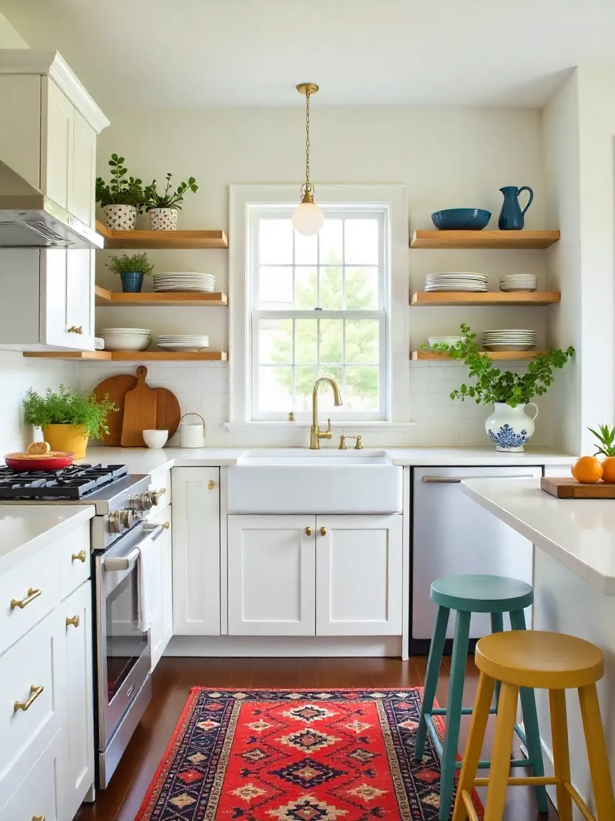 Bright white kitchen with wooden accents, open shelving, greenery, and colorful accessories that personalize the space.