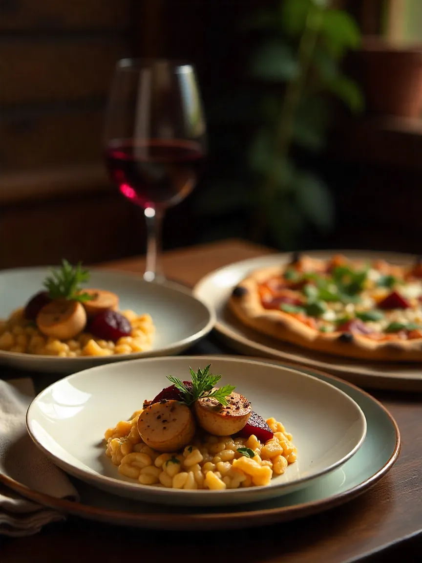 Mushroom risotto, roasted root vegetables, and truffle pizza paired with a glass of Pinot Noir red wine in a cozy dining setting.