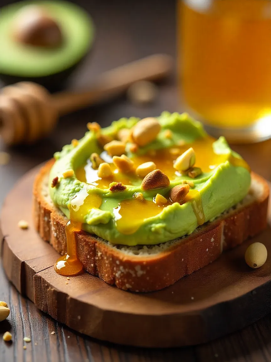 Avocado toast topped with crushed pistachios and drizzled with honey on multigrain bread.