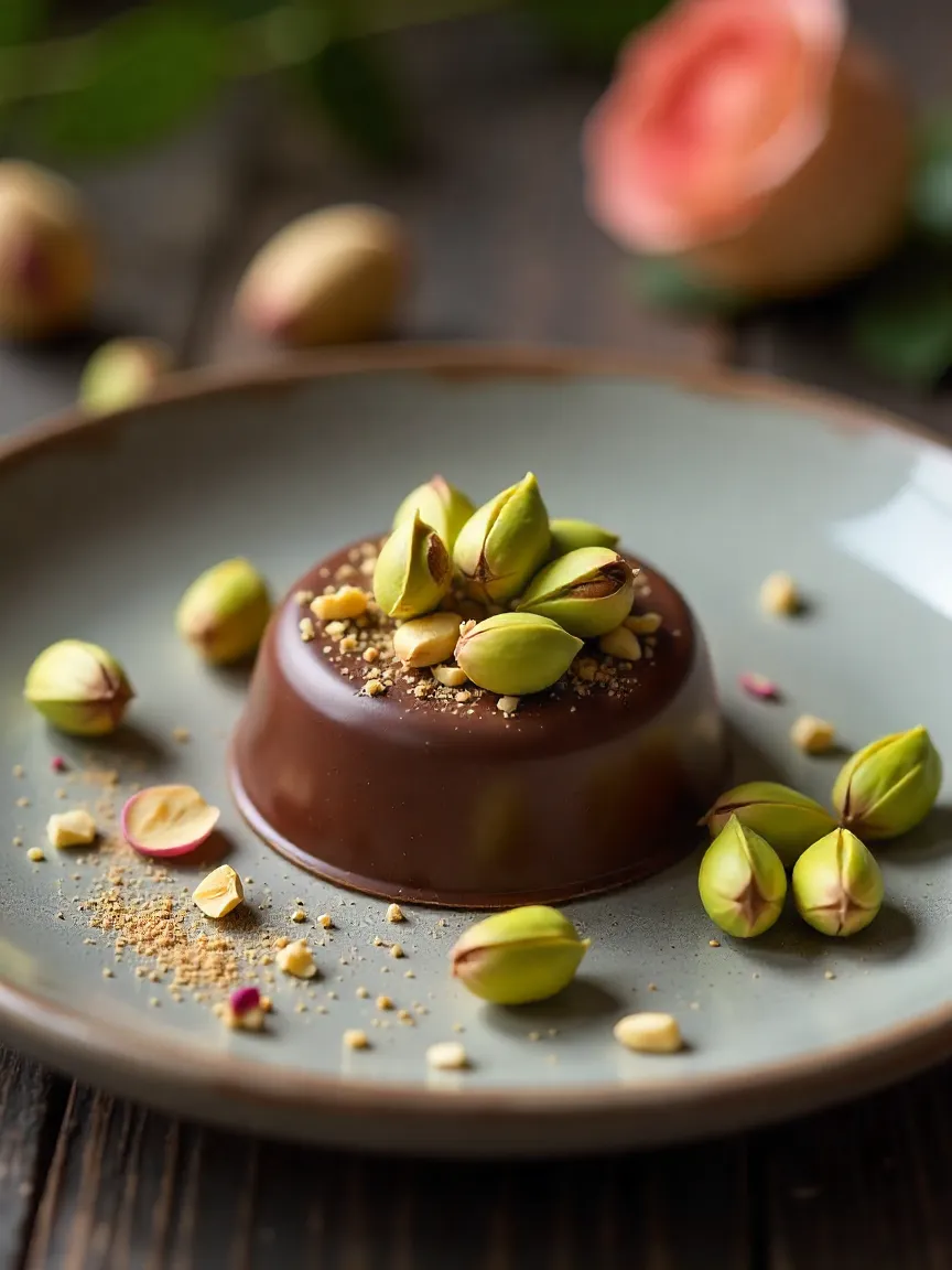 Close-up of a piece of pistachio chocolate with pistachios and rose petals on a rustic plate.