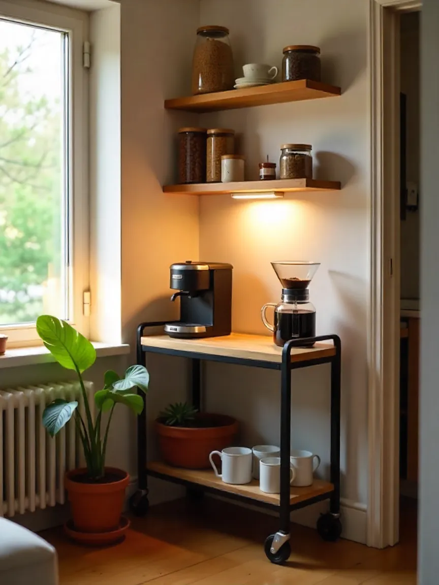 Organized home coffee corner with bar cart, coffee maker, grinder, mugs, and shelves near a window with natural light.