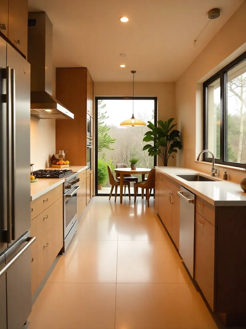 A spacious kitchen layout designed for functionality, featuring an efficient work triangle, large island, ample counter space, and sleek cabinetry, combining modern style with practicality.