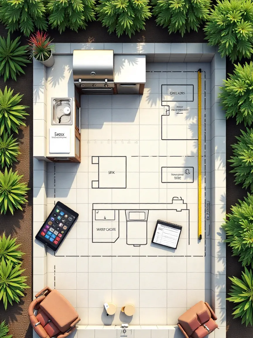 Backyard outdoor kitchen layout plan with zones marked for grill, sink, and dining; budget tools like calculator and design app shown on a table.