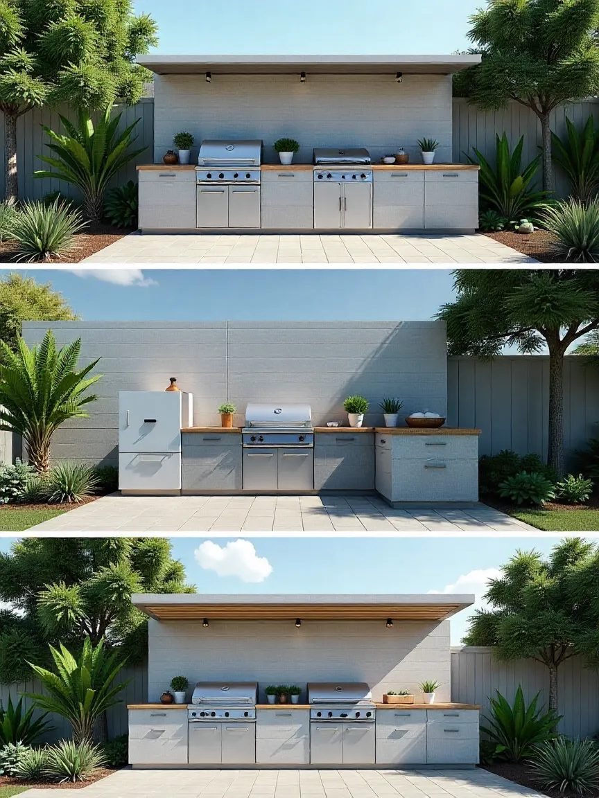 Illustration of compact outdoor kitchen layouts including linear, L-shaped, and island designs with grills and counters for small spaces.