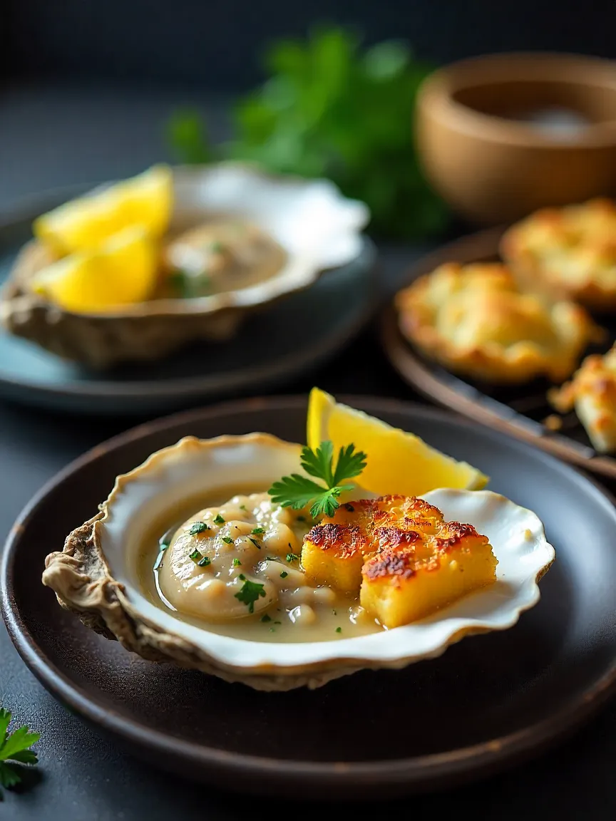 Three oyster dishes featuring steamed oysters with lemon, grilled oysters with garlic butter, and baked oysters with breadcrumbs and cheese.