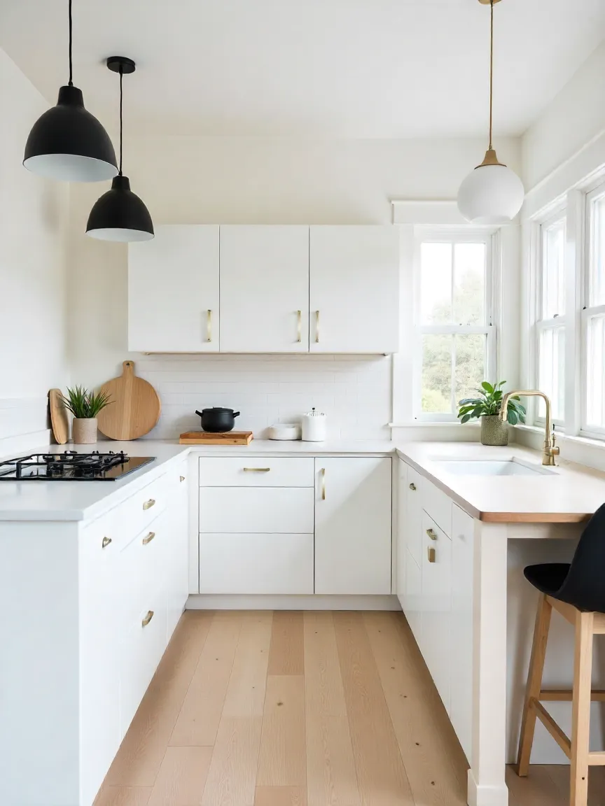 Trendy white kitchen with matte cabinets, quartz countertop, porcelain backsplash, and statement pendant lights over an island.