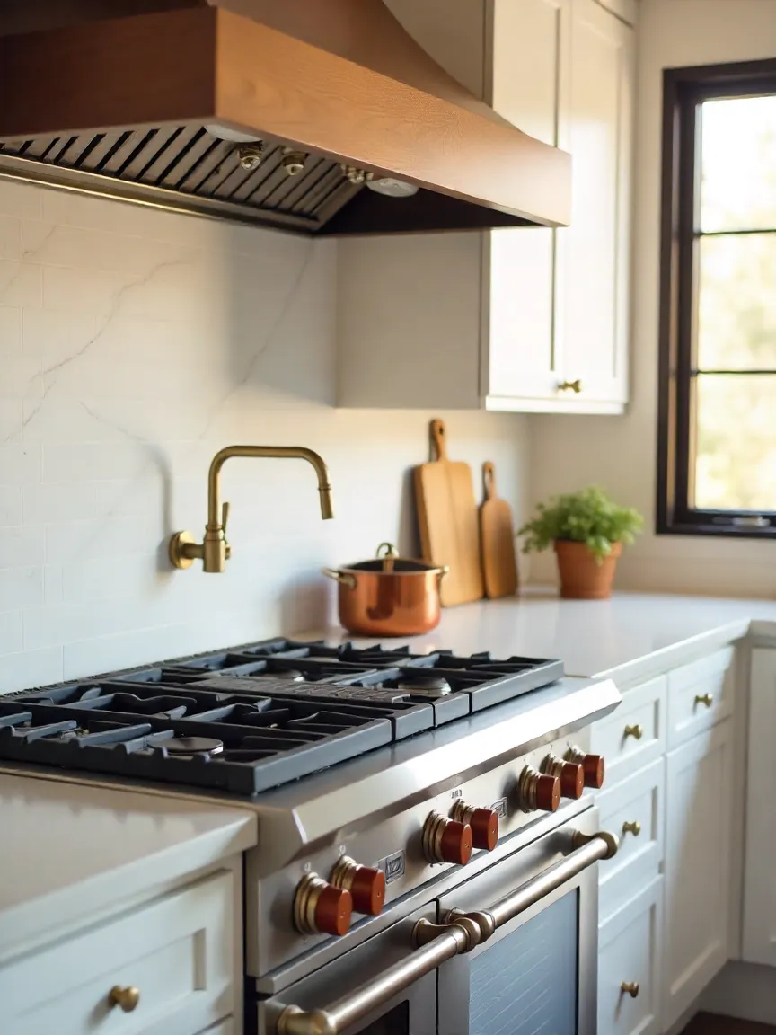 Modern kitchen with a wall-mounted pot filler faucet above a stainless steel range and marble backsplash, adding luxury and convenience.