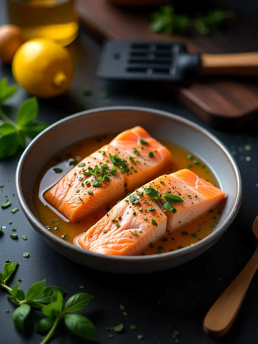 Fresh fish fillets marinating with lemon and herbs, surrounded by grilling tools like a spatula, basting brush, and fresh herbs, ready for grilling.