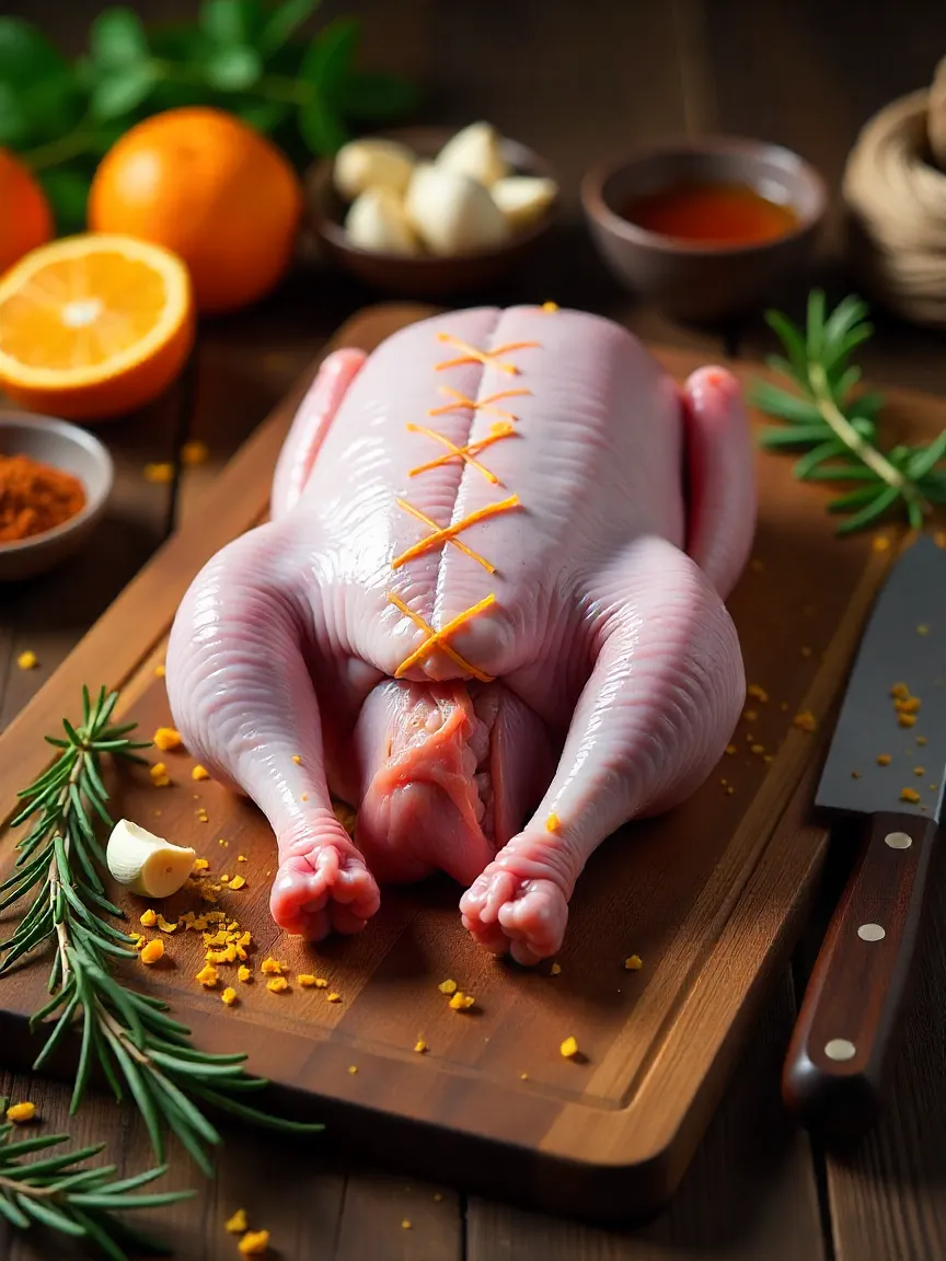 Duck prepared for roasting with scored skin, surrounded by marinade ingredients—orange zest, garlic, soy sauce, honey, herbs, and kitchen tools.