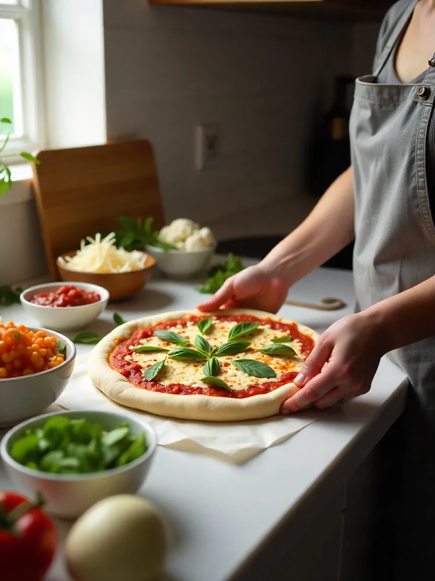 Person preparing healthy homemade pizza with fresh ingredients and homemade dough in a cozy kitchen.