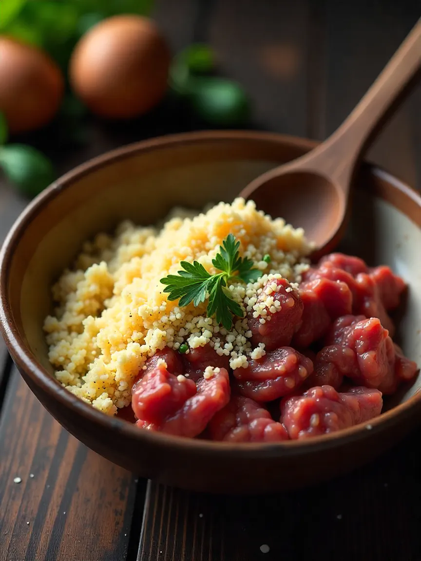 Mixing ground meats, breadcrumbs, eggs, Parmesan, and herbs in a rustic bowl for juicy Italian meatballs.