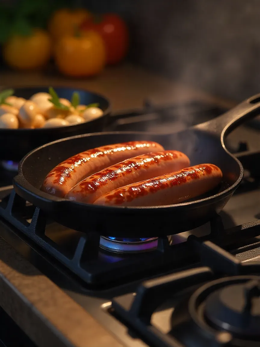 A cast-iron skillet with sausages cooking to a golden-brown sear, and a sauté pan with mushrooms browning in olive oil and butter, creating the perfect hot dog base.