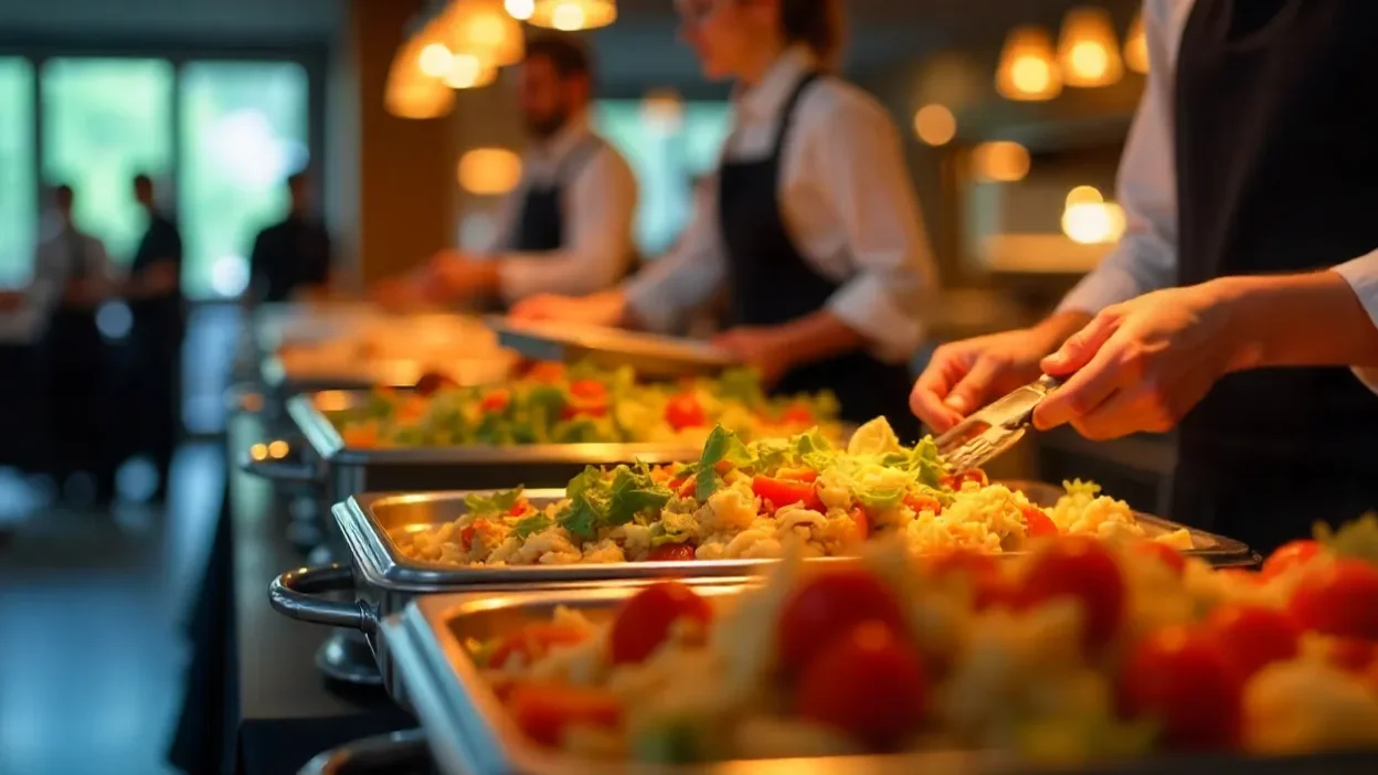 Professional catering buffet with hot dishes, salads, and staff serving meals in a clean, modern environment.