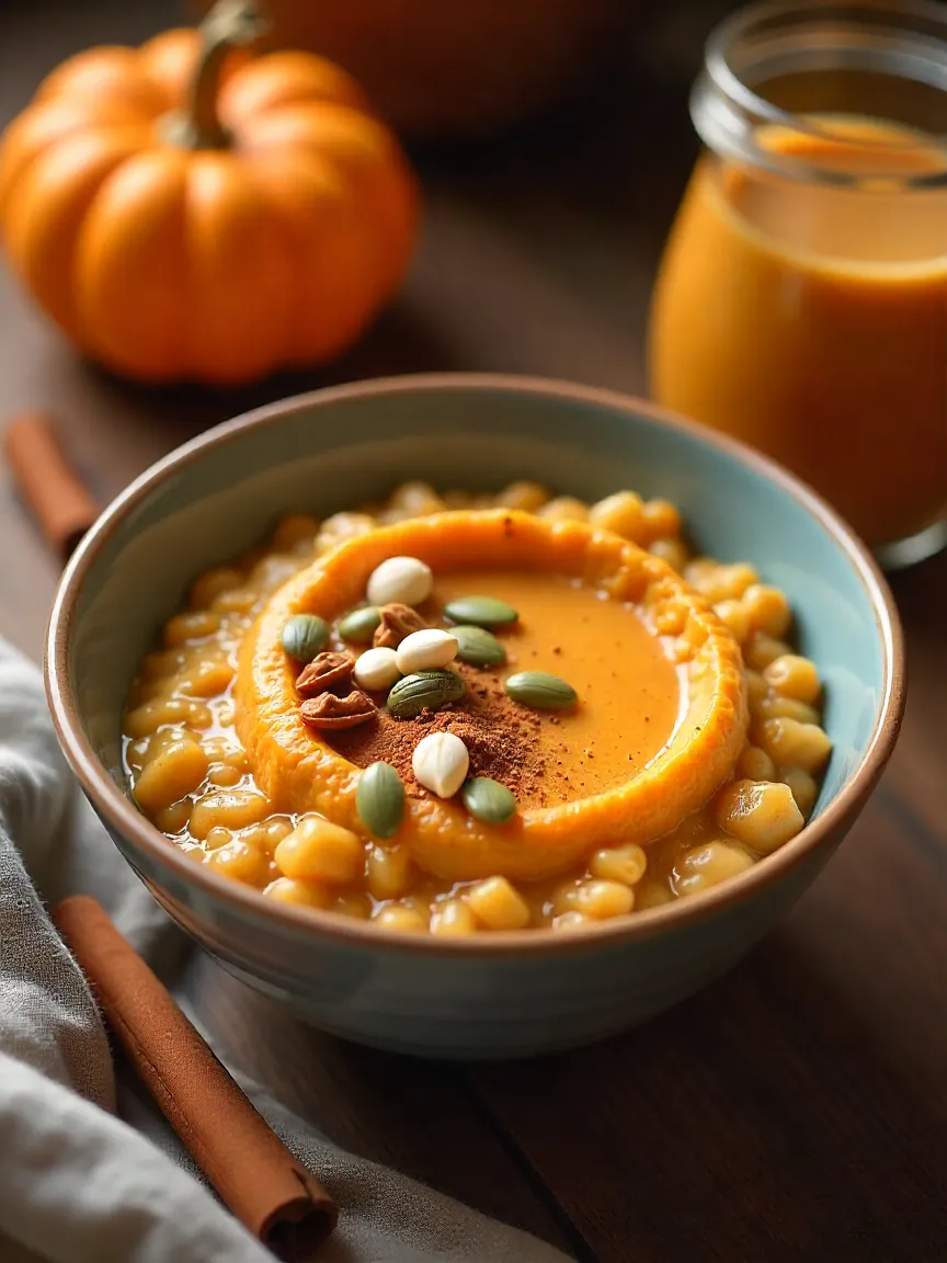 Pumpkin spice oatmeal topped with nuts, seeds, and cinnamon, a cozy and healthy fall breakfast recipe for weight loss.