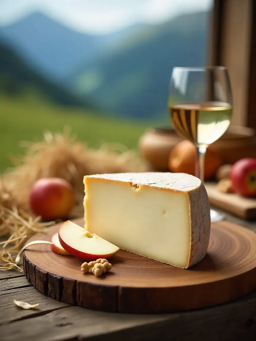 Wedge of Pyrénées sheep cheese with apples, walnuts, and white wine on a rustic board in a French mountain setting.