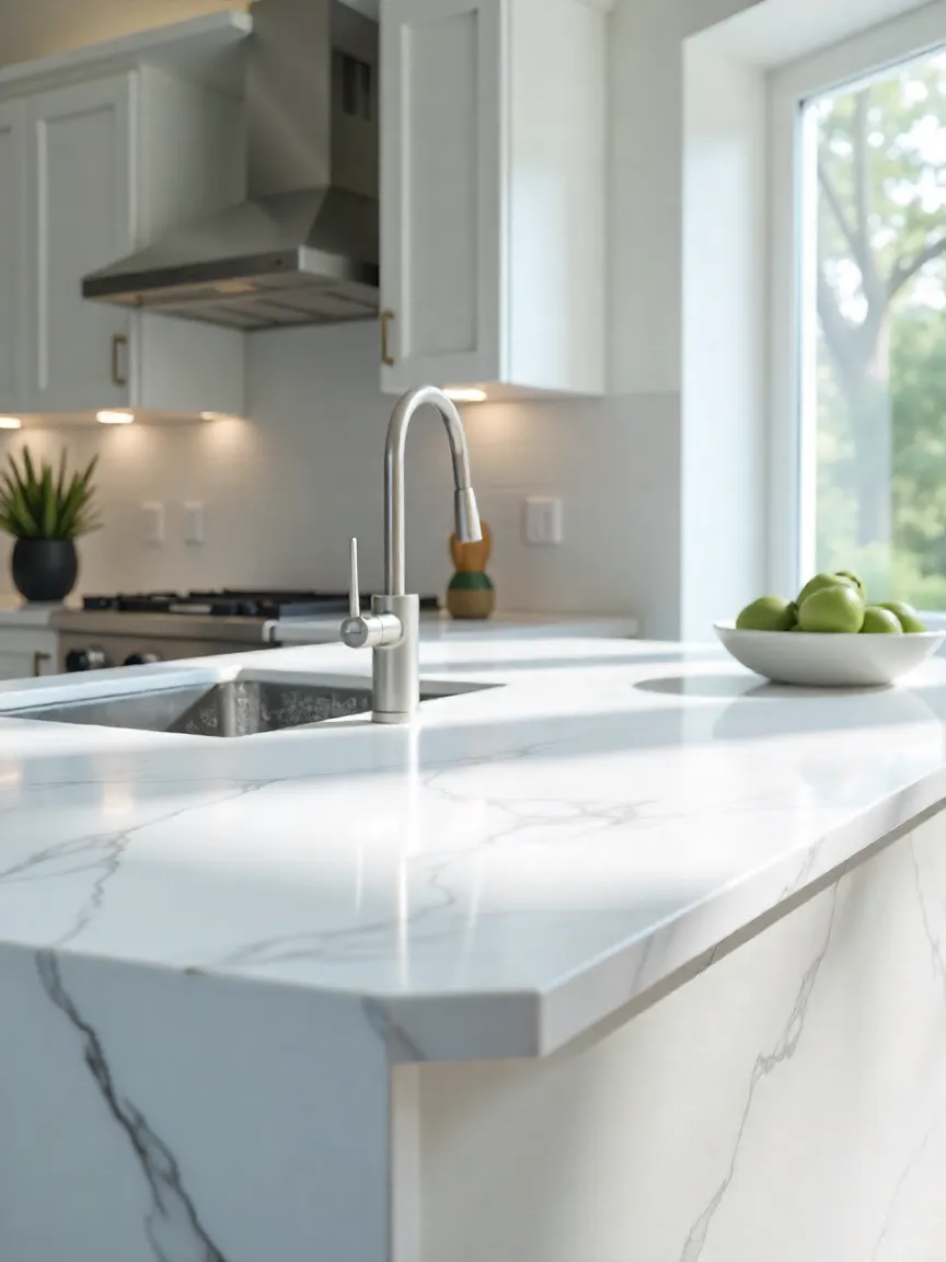 Modern kitchen with a white quartz countertop featuring subtle gray veining.