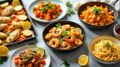 A kitchen table with five quick dinner options: lemon garlic chicken with veggies, shrimp stir-fry, beef stroganoff, spaghetti aglio e olio, and a colorful taco salad.