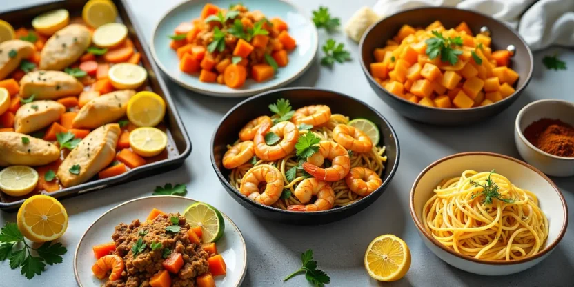 A kitchen table with five quick dinner options: lemon garlic chicken with veggies, shrimp stir-fry, beef stroganoff, spaghetti aglio e olio, and a colorful taco salad.