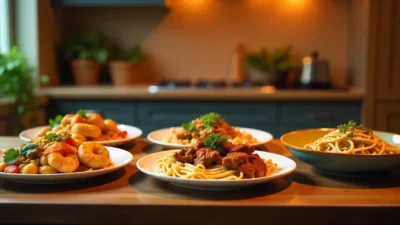 Five quick and easy weeknight dinner recipes plated on a kitchen counter, including chicken with vegetables, shrimp stir-fry, beef stroganoff, spaghetti aglio e olio, and taco salad.