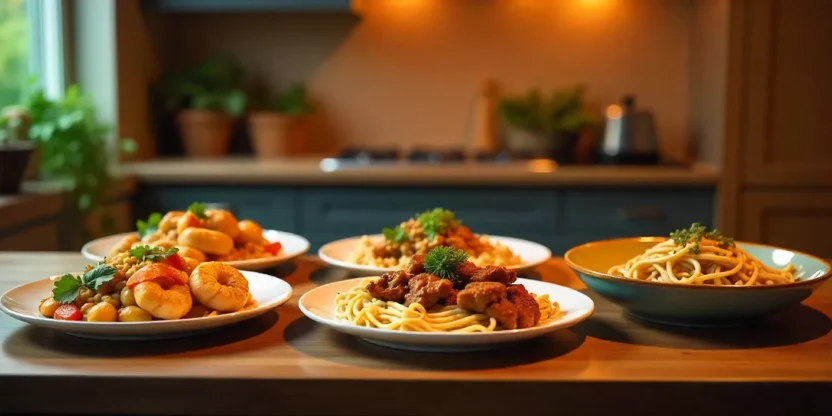 Five quick and easy weeknight dinner recipes plated on a kitchen counter, including chicken with vegetables, shrimp stir-fry, beef stroganoff, spaghetti aglio e olio, and taco salad.