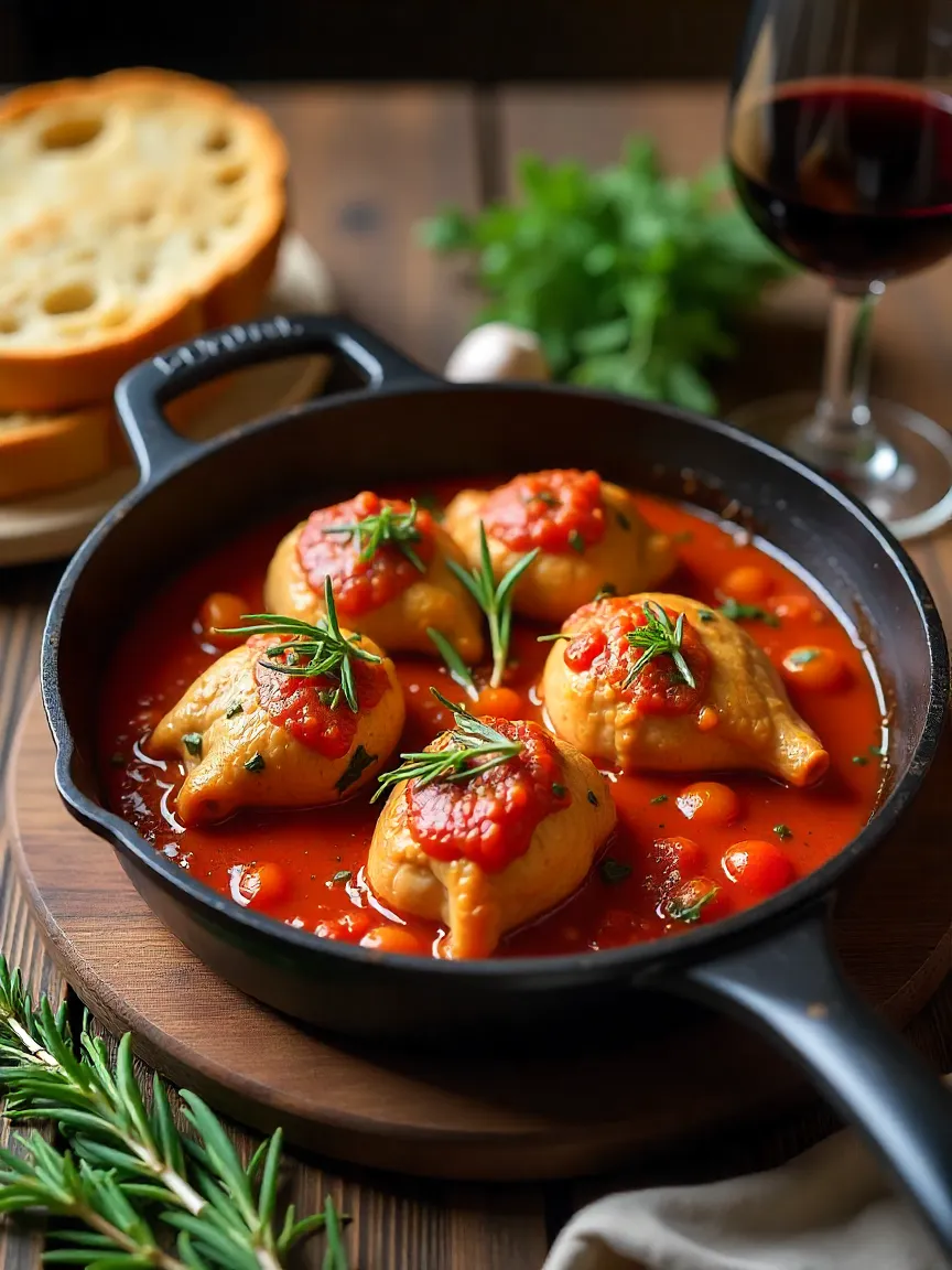 Rabbit Cacciatore in a cast-iron skillet with tomato sauce, herbs, and rustic bread on a wooden table, styled in Italian countryside farmhouse style.