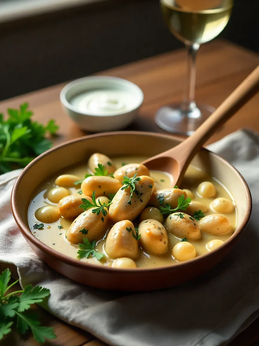 Rabbit Fricassé in creamy white wine sauce with mushrooms, pearl onions, and herbs, served in a rustic French farmhouse setting.