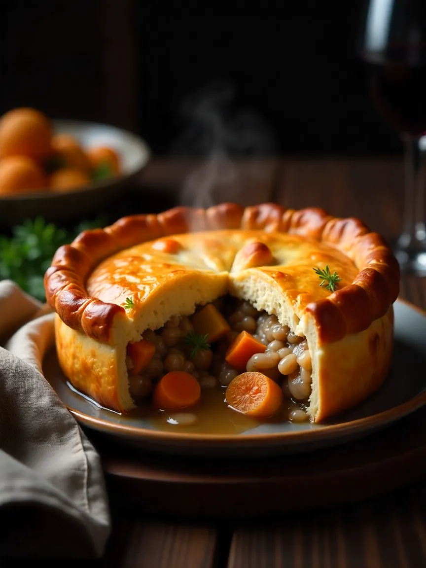 Golden rabbit pie with flaky pastry crust and savory rabbit filling, carrots, and gravy, served in a rustic farmhouse setting with herbs and red wine.