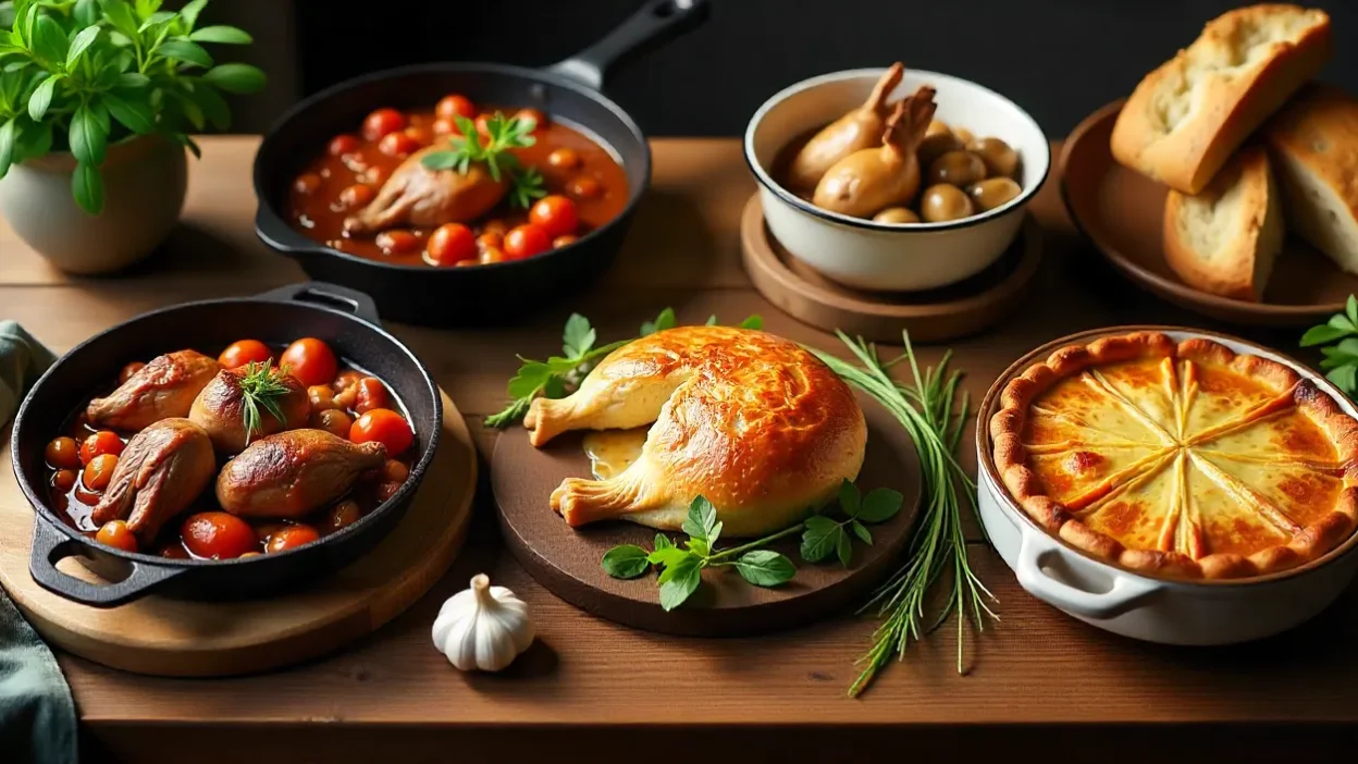 Rustic table with rabbit recipes including Rabbit Cacciatore, Braised Rabbit with Prunes, Rabbit Pie, Fricassé, and Mushroom Hotpot, styled with herbs and bread.