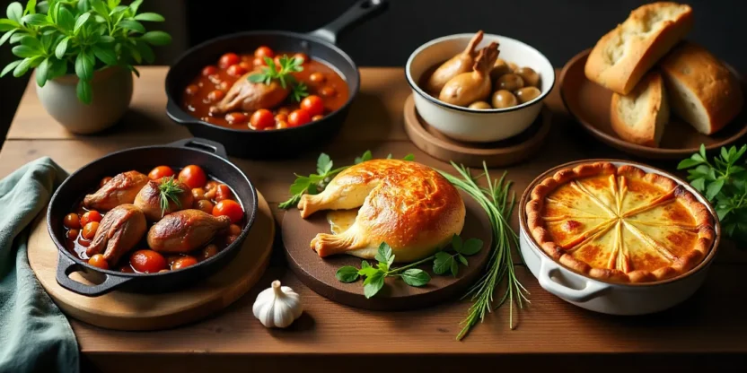 Rustic table with rabbit recipes including Rabbit Cacciatore, Braised Rabbit with Prunes, Rabbit Pie, Fricassé, and Mushroom Hotpot, styled with herbs and bread.