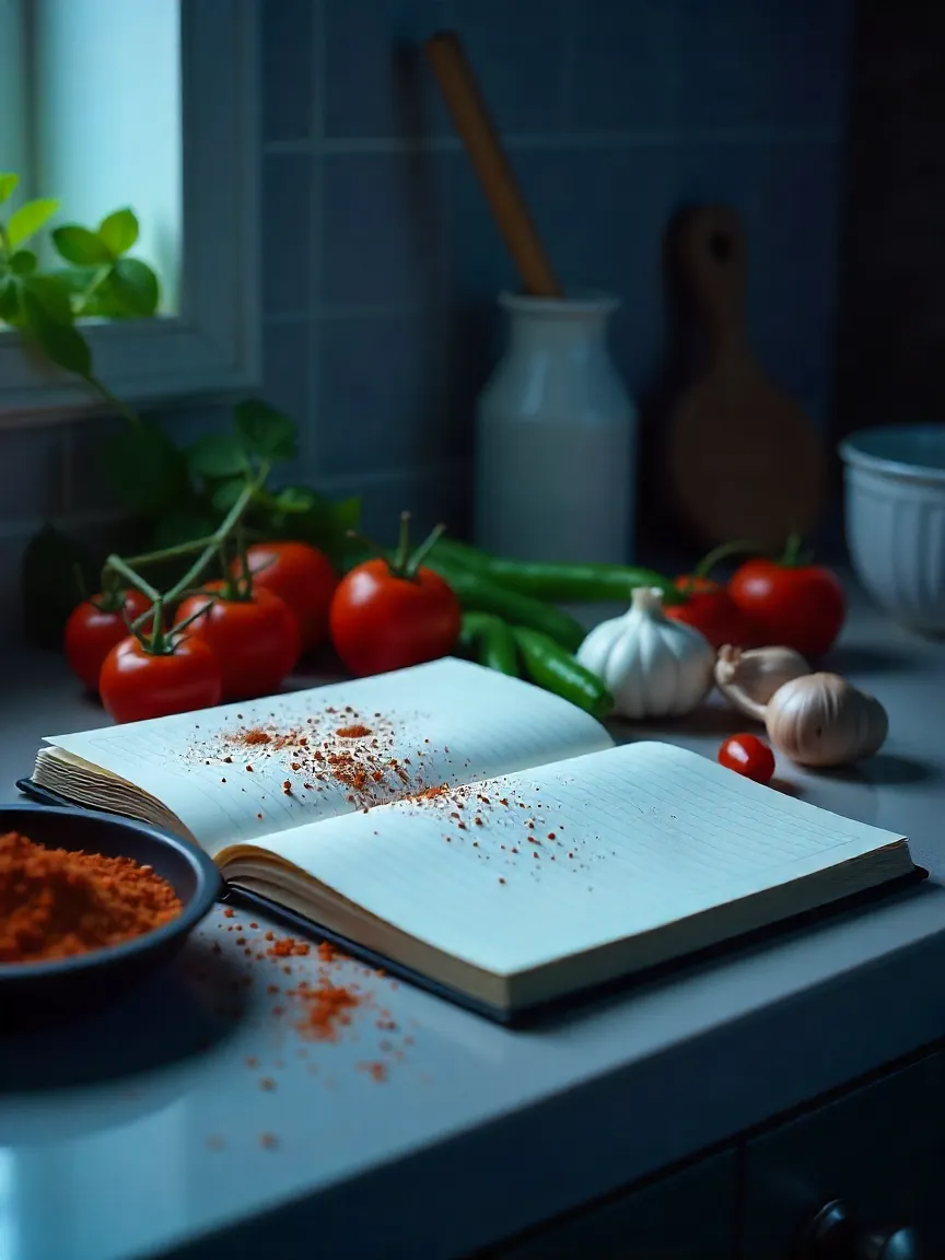 Home kitchen counter with fresh ingredients, spices, and an open recipe notebook for creative cooking.