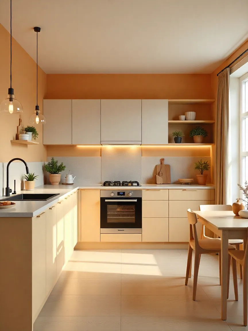 Modern kitchen and bathroom with innovative design features like smart appliances, eco-friendly materials, open-plan layout, hidden storage, and statement lighting, blending functionality and style.