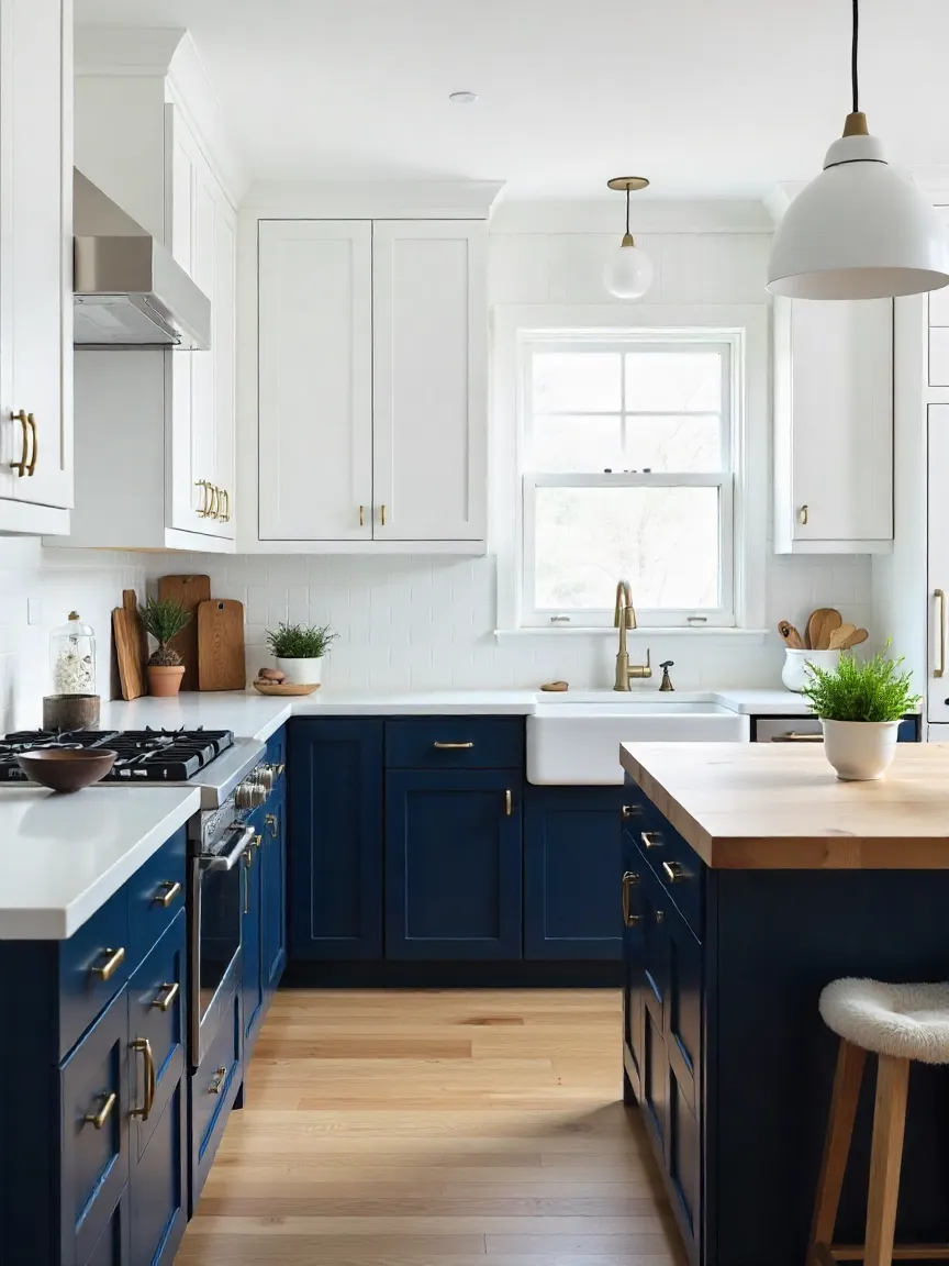 Kitchen with refinished cabinets in a two-tone design and brass hardware, creating a stylish and budget-friendly upgrade.