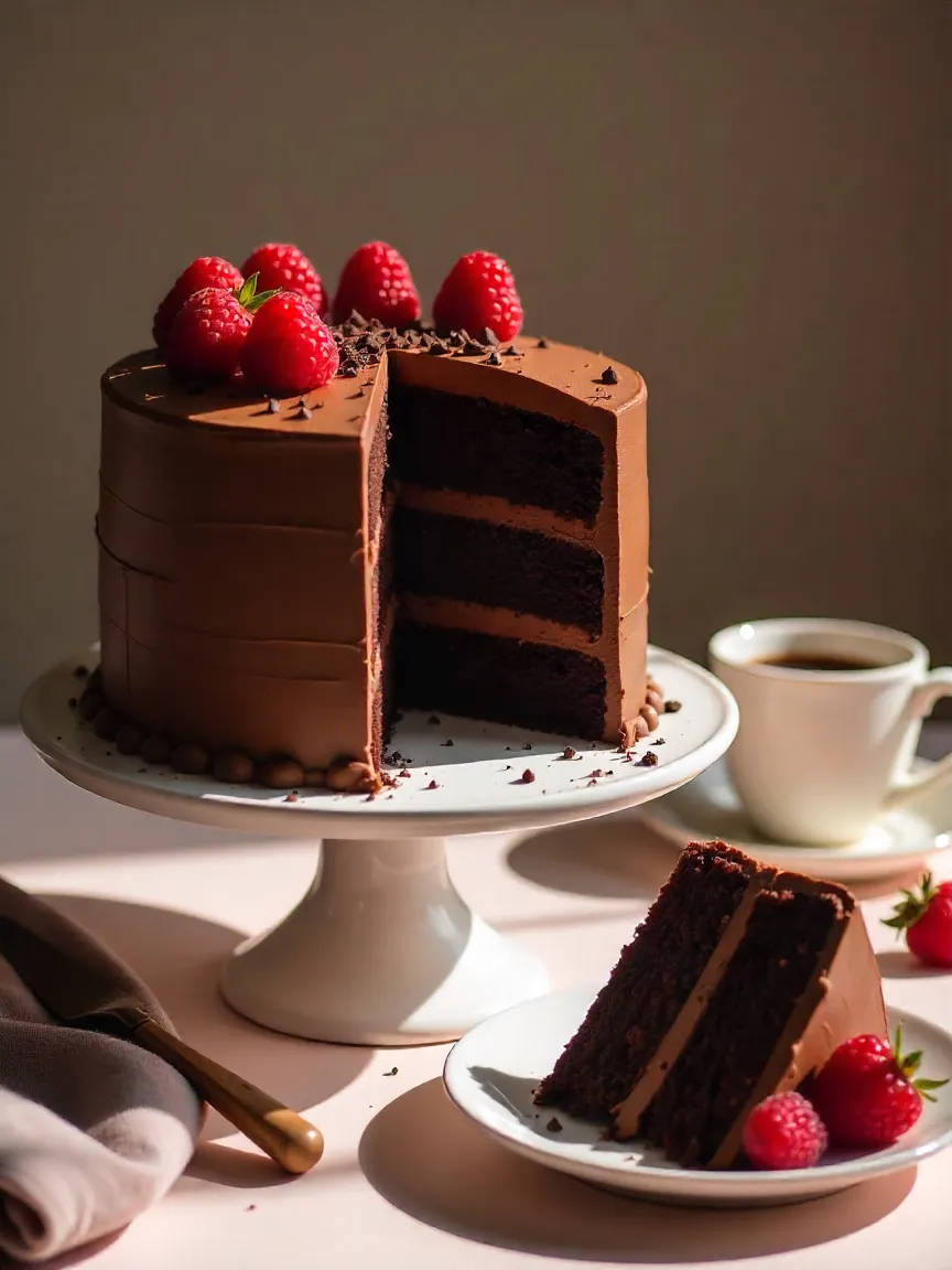 Layered vegan chocolate cake with chocolate buttercream, raspberries, and chocolate shavings on a cake stand with a slice served on a plate.