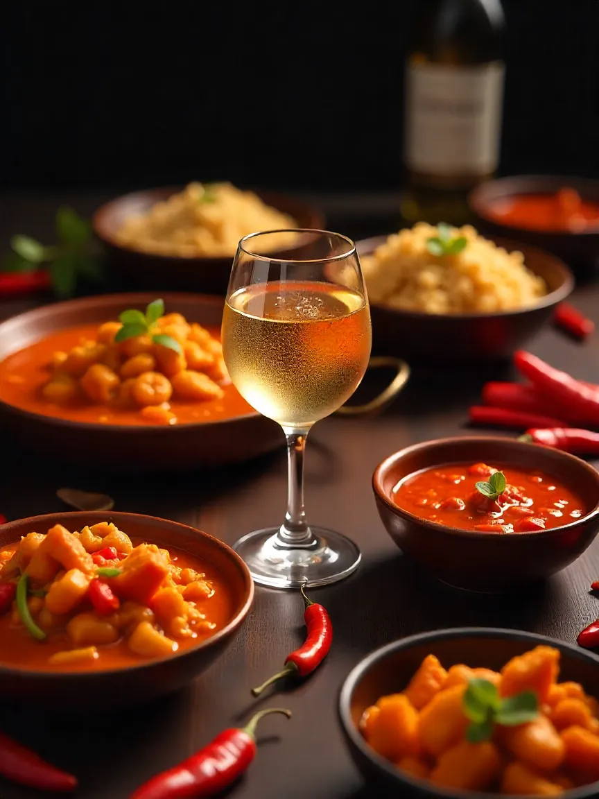 Spicy Asian dishes including Thai curry, stir-fry, and shrimp fried rice paired with a glass of Riesling white wine.